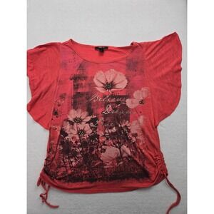 Style & Co. Coral Floral Believe Dream‎ Top Women's Ruched Side Flutter Sleeve